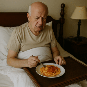 Imagen de un paciente geriátrico antes del tratamiento, mostrando dificultades con la alimentación y aislamiento.