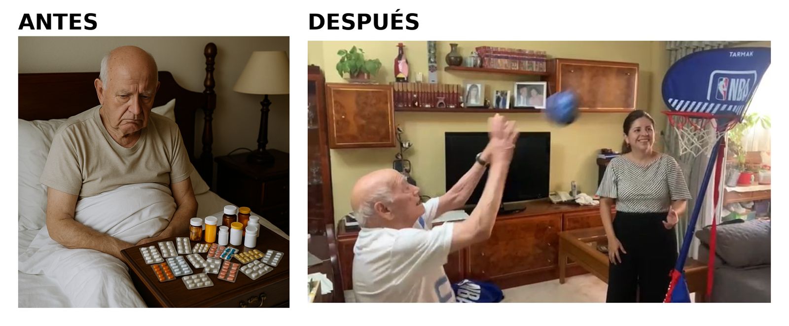 Comparación "Antes" y "Después": Una persona mayor con expresión de tristeza sentado en la cama rodeado de pastillas, versus el mismo anciano sonriendo y lanzando una pelota de baloncesto con una cuidadora sonriente en un salón.