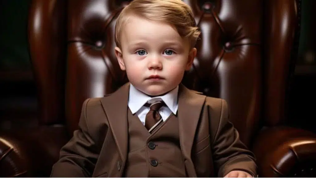Niño vestido con ropa adulta, sentado en un sillón de estilo clásico, representación simbólica de la exigencia y la asignación temprana de roles en la infancia